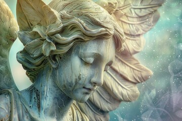 A serene woman with an angelic face, adorned with delicate wings, exuding a sense of peace and...