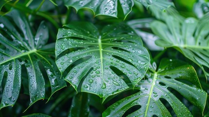 Obraz premium Wet Monstera deliciosa plant leaves in a garden , ai