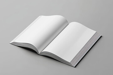 3D rendering of an open white book with blank pages on a grey background, high-resolution photography. Created with Ai