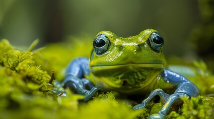  A close-up of a frog on a mossy surface with both eyes wide open