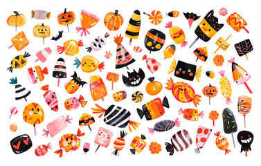 Set of Halloween sweets and candies. Watercolor digital illustration on white background.