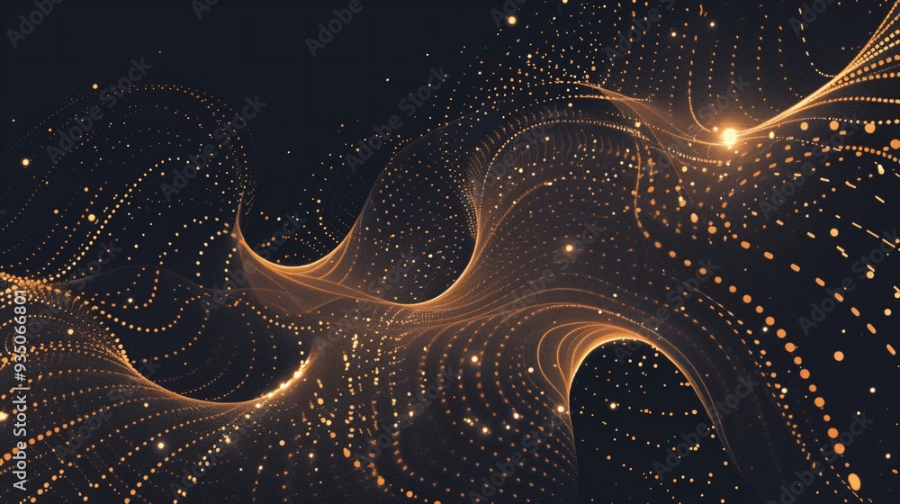 Poster serene illuminated path of softly glowing dots or lines on a minimalist dark background.