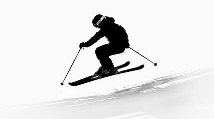 A skier is captured in a dynamic moment, jumping gracefully through the air above a snowy surface, surrounded by a blank white backdrop that emphasizes the action