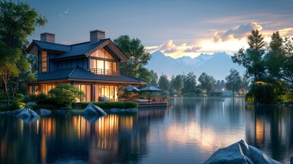 Fototapeta premium A Modern Cabin With Lights on by a Lake at Dusk