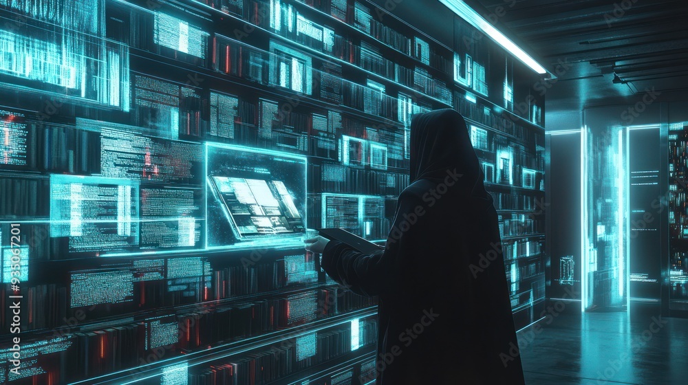 Poster cyberpunk hacker in a digital library