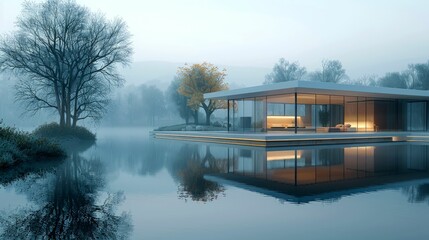 Fototapeta premium Modern Glass House Reflecting in a Foggy Lake