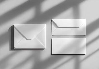 Three white envelope mockups on a light gray background, with shadows and natural lighting. Created with Ai