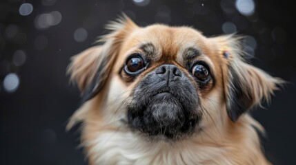  A tight shot of a small dog with a mournful expression, surrounded by an indistinct background