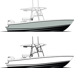 Side view fishing boat vector line art illustration t-shirt and printable on various materials.