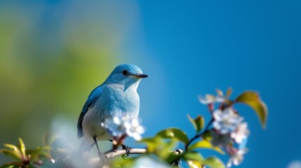 Fototapeta premium A blue bird perches on a tree branch, surrounded by white flowers in the foreground Behind it, a tranquil blue sky extends