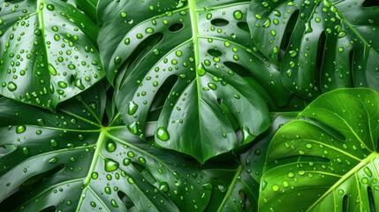 Fototapeta premium Wet Monstera deliciosa plant leaves in a garden , ai