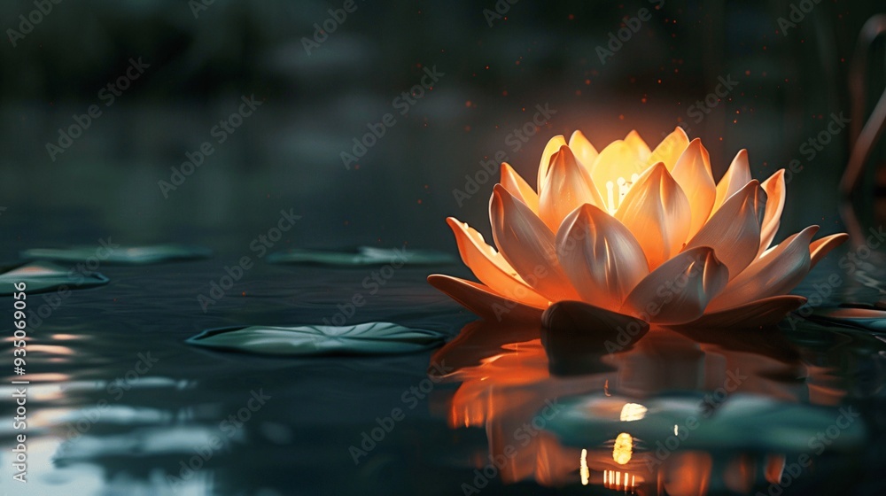 Poster illuminated lotus flower floating on still water with soft glowing reflection
