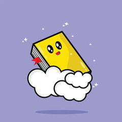 Cute smile Yellow Book in the Cloud Cartoon Vector Icon Illustration