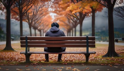 曇り空の下、公園のベンチに一人で座っている人物。悲しみと共感。A person sits alone on a park bench under a cloudy sky. Sadness and empathy.