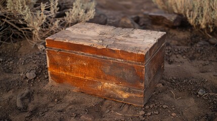  A worn wooden box lies in the center of a dirt and grass clearing, surrounded by shrubbery in the background
