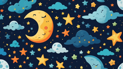 Seamless cartoon moon and stars pattern with bright colors for children