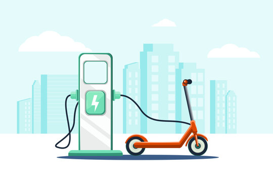 orange scooter charging at station in city clip art preview