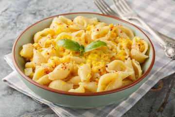 Conchiglie Pasta in creamy corn sauce closeup in the bowl on the table. Horizontal