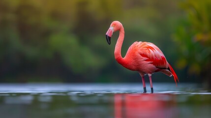  A pink flamingo wades in the water, submerging its head and legs