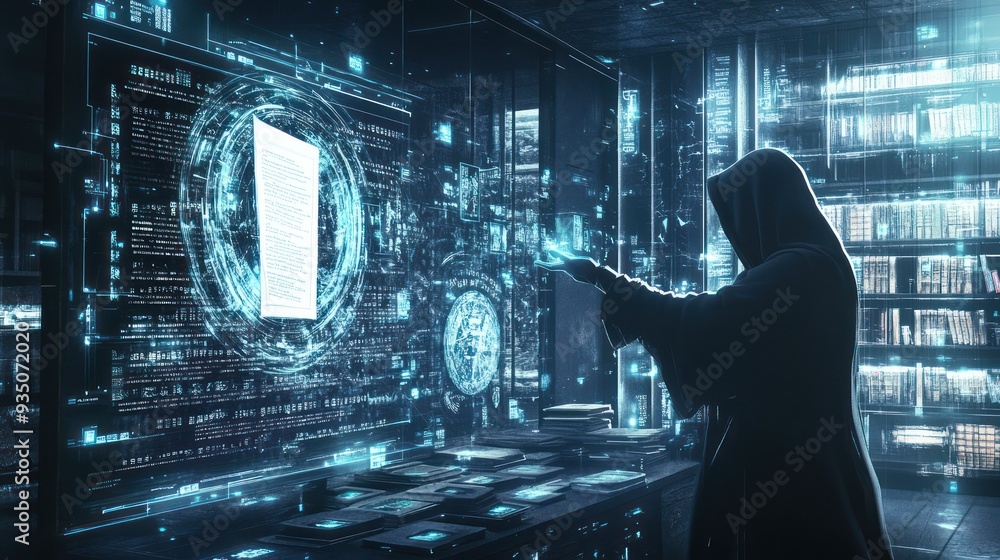 Poster mysterious figure interacting with digital data