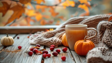 Autumn cozy scene with pumpkins, cranberries, and a warm drink. The rustic wooden table, knit blanket, and colorful foliage create a comfortable, inviting atmosphere perfect for fall-themed settings.