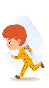 recommend clip art: American boy cartoon character runing, in a night suit with orange hair.