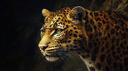 A close up of a leopard's face in a dark room