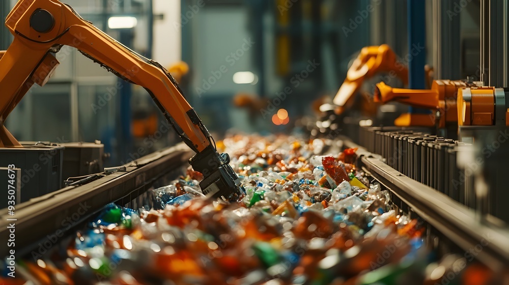 Poster automated recycling sorting system with robotic arms and sensors in action for efficient materials m