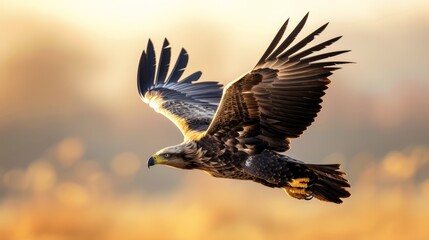 Fototapeta premium A bird of prey flies through the air with its wings spread out