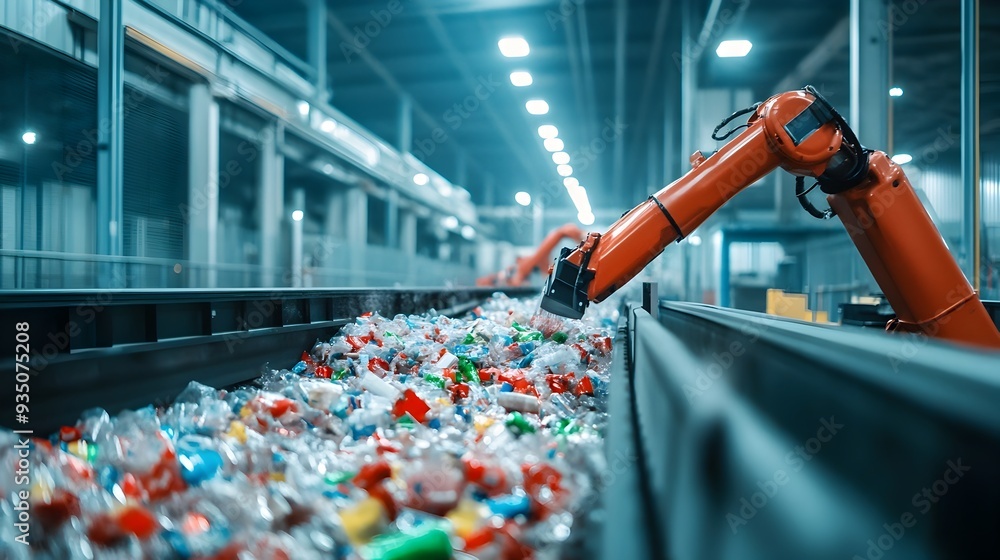Poster automated recycling sorting system with robotic arms and sensors efficiently sorting and processing 