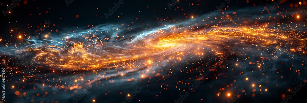 Poster abstract illustration of a black hole with a 3d accretion disk glowing intensely where 2d particles 