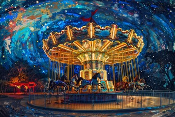 A colorful carousel ride glows against a backdrop of stars, capturing the enchantment of a night filled with delight, A colorful carousel spinning under a starry night sky, AI generated