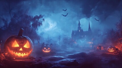 Haunted Halloween Night: A spooky and atmospheric scene of a haunted castle shrouded in mist, with glowing jack-o'-lanterns illuminating the path to an eerie and mysterious destination. 