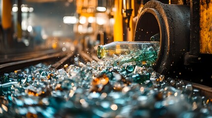 Glass bottles being fed into an industrial crusher with shards and fragments of broken glass collected for recycling and reuse in a sustainable resource management process