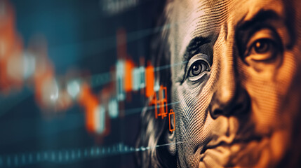 Close-up of Benjamin Franklin�s face on a USD banknote, with a stock market chart graph 