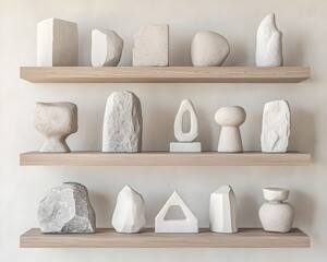 Weathered Limestone Sculptures on Wooden Shelves in Cinematic Lighting