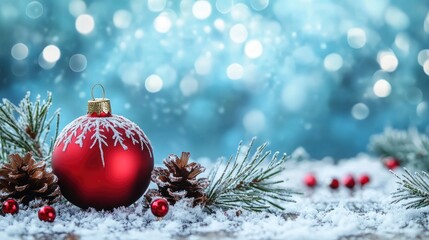 Christmas - Banner Of Red Ornament, Pine-cones And Branches On Snowy Wooden Table With Blue Bokeh Background with generative ai