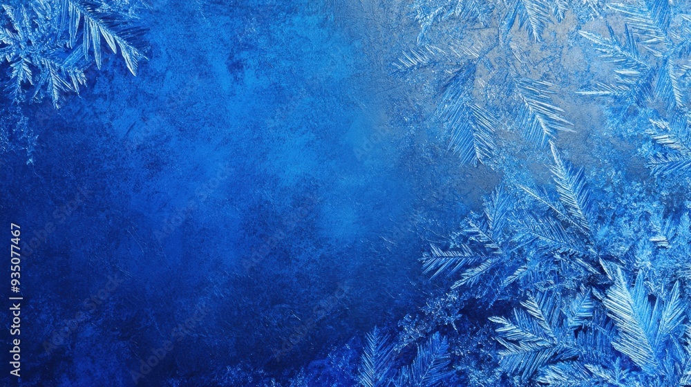 Poster a close-up of frost patterns on a blue surface, showcasing intricate ice formations.