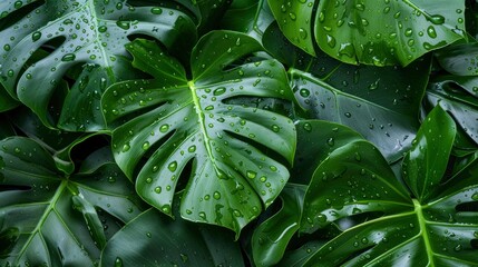 Fototapeta premium Wet Monstera deliciosa plant leaves in a garden , ai