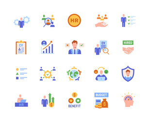 Set of human resources icons. Colorful signs with office staff team, HR, resume and job vacancy for hiring. Design element for app. Flat vector illustration collection isolated on white background