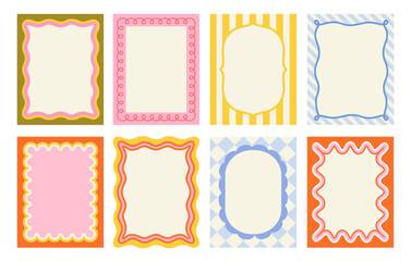 Set of frames with wavy edges. Trendy doodle borders with geometric patterns and curved shapes. Abstract design elements for invitations. Flat vector illustration collection isolated on background