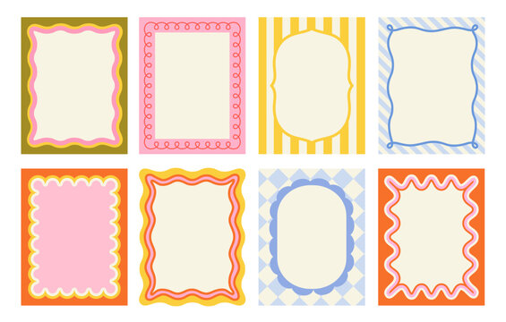 Set of frames with wavy edges. Trendy doodle borders with geometric patterns and curved shapes. Abstract design elements for invitations. Flat vector illustration collection isolated on background