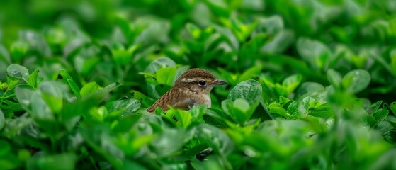 Fototapeta premium A small, brown bird perches in a full bush of green leaves on a sunny day