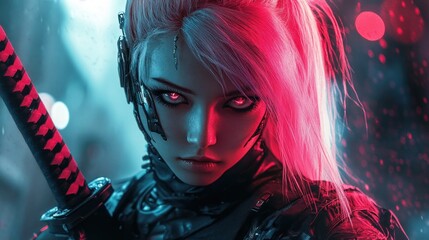 Woman cyberpunk cyborg assassin character anime style mysterious dangerous sharp gaze background wallpaper AI generated image