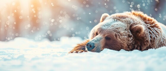  A brown bear lies in the snow, its head resting on its paws beneath its chin