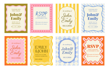 Set of wavy invitation frames. Abstract geometric borders with curved shapes and text templates. Invitations to event or wedding. Flat vector illustration collection isolated on white background
