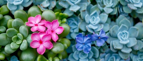 Obraz premium A close-up of a flower bundle, featuring blue and pink blooms at picture's heart