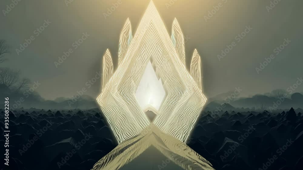 Poster mysterious landscape with an ethereal figure emerging from a foggy terrain at dawn in a secluded val