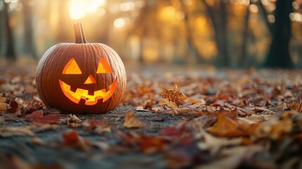 Jack-O'-Lantern's Glowing Smile: A carved pumpkin with a friendly grin glows brightly in the autumnal foliage, casting a warm, inviting light on the fallen leaves.  The glow of the pumpkin evokes a se