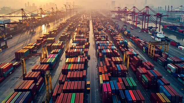 Global Trade at Dawn: A breathtaking aerial view of a bustling shipping container port at sunrise, showcasing the interconnectedness of global trade and the vital role of maritime logistics in the mod